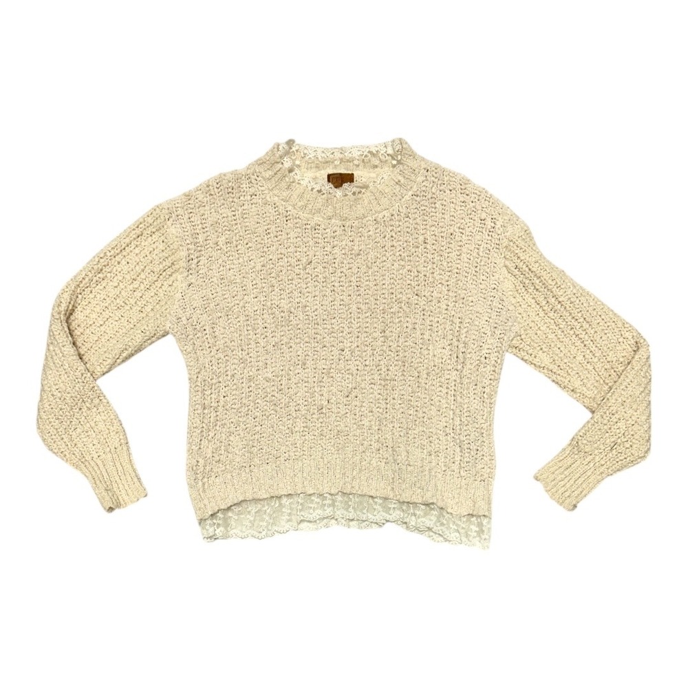 POL Womens Cream Crewneck‎ Lace Trim Textured Open Knit Sweater Sz Large
